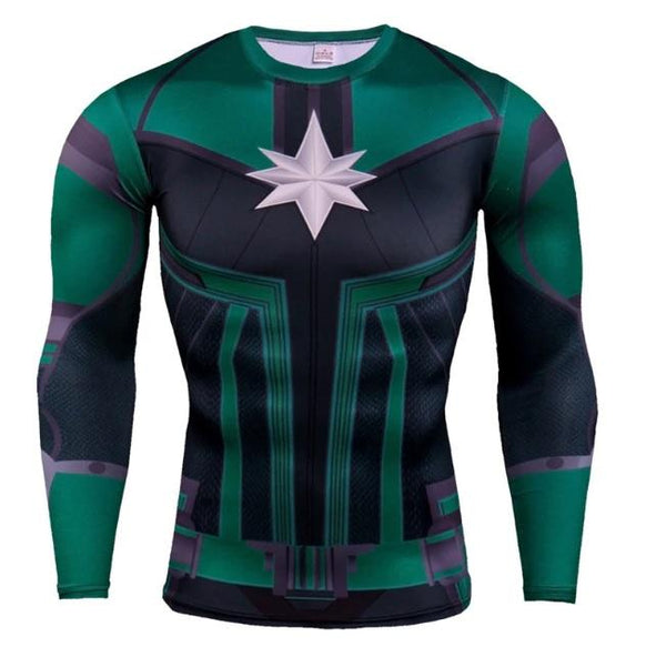 Men's Captain Marvel 'Comic Star Force' Green Kree Compression Long Sleeve Rashguard-RashGuardStore