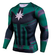 Men's Captain Marvel 'Comic Star Force' Green Kree Compression Long Sleeve Rashguard-RashGuardStore