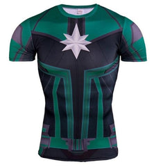 Men's Captain Marvel 'Comic Star Force' Green Kree Compression Short Sleeve Rashguard-RashGuardStore