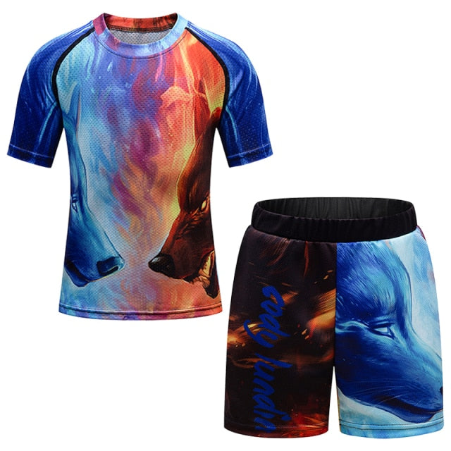 Kids Wolf 'Light and Dark' Short Sleeve Compression Short Set