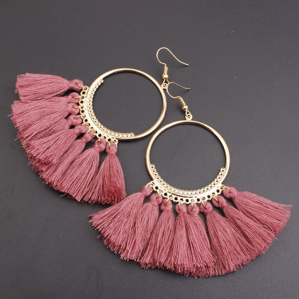 Cotton Fringed Tassel Hooped Earrings