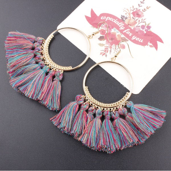 Cotton Fringed Tassel Hooped Earrings