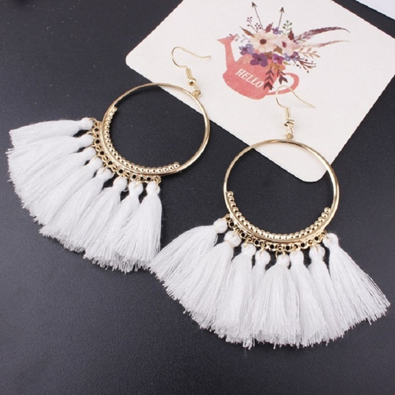 Cotton Fringed Tassel Hooped Earrings