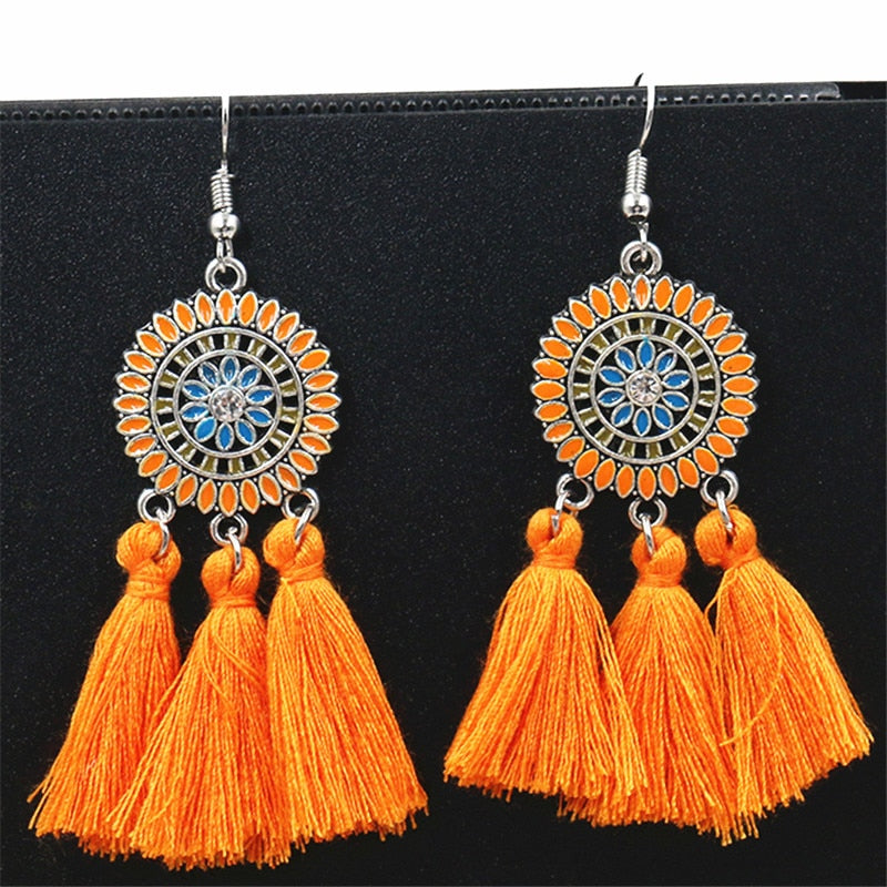 Bohemian Sunburst Fringe Tassel Earrings
