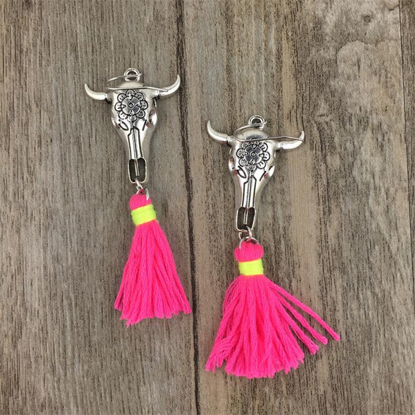 Boho Skull and Horns Cotton Tassel Earrings