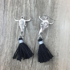 Boho Skull and Horns Cotton Tassel Earrings
