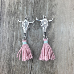 Boho Skull and Horns Cotton Tassel Earrings