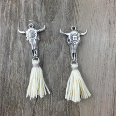 Boho Skull and Horns Cotton Tassel Earrings