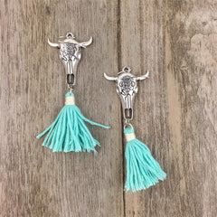 Boho Skull and Horns Cotton Tassel Earrings