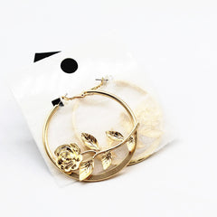 Rose Inlay Gold Flower Hoop Earrings