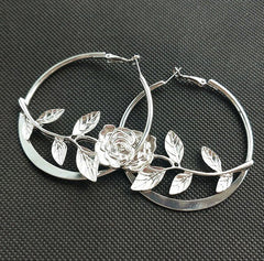 Rose Inlay Gold Flower Hoop Earrings