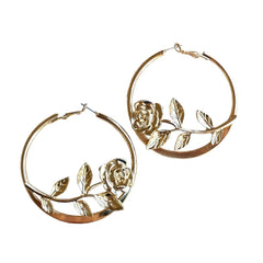 Rose Inlay Gold Flower Hoop Earrings