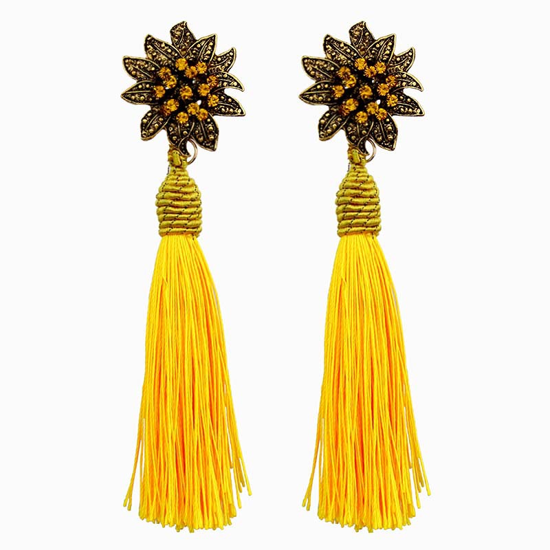 Mosaic Sunflower Burst Fringe and Tassel Earrings
