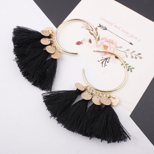 Golden Hoop Coin Charm and Fringe Earrings