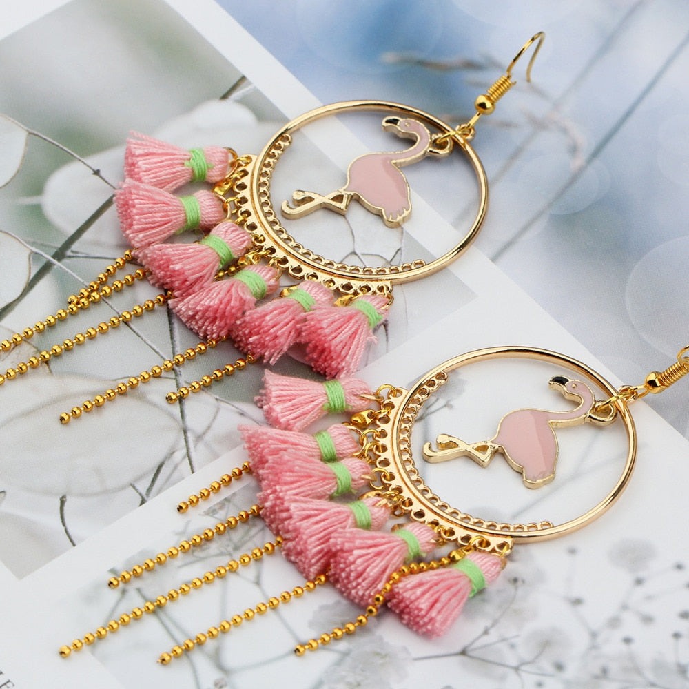 Flamingo Fringe Golden Hoop Earrings