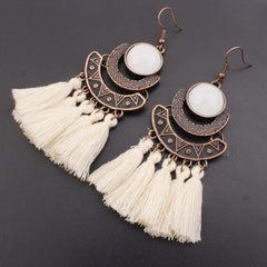 Pearl Inlay Bronze Bohemian Tassel Earrings