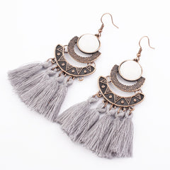 Pearl Inlay Bronze Bohemian Tassel Earrings