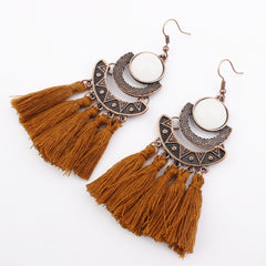 Pearl Inlay Bronze Bohemian Tassel Earrings