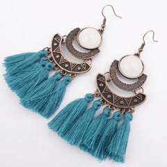 Pearl Inlay Bronze Bohemian Tassel Earrings