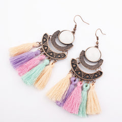 Pearl Inlay Bronze Bohemian Tassel Earrings