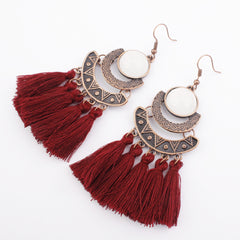 Pearl Inlay Bronze Bohemian Tassel Earrings