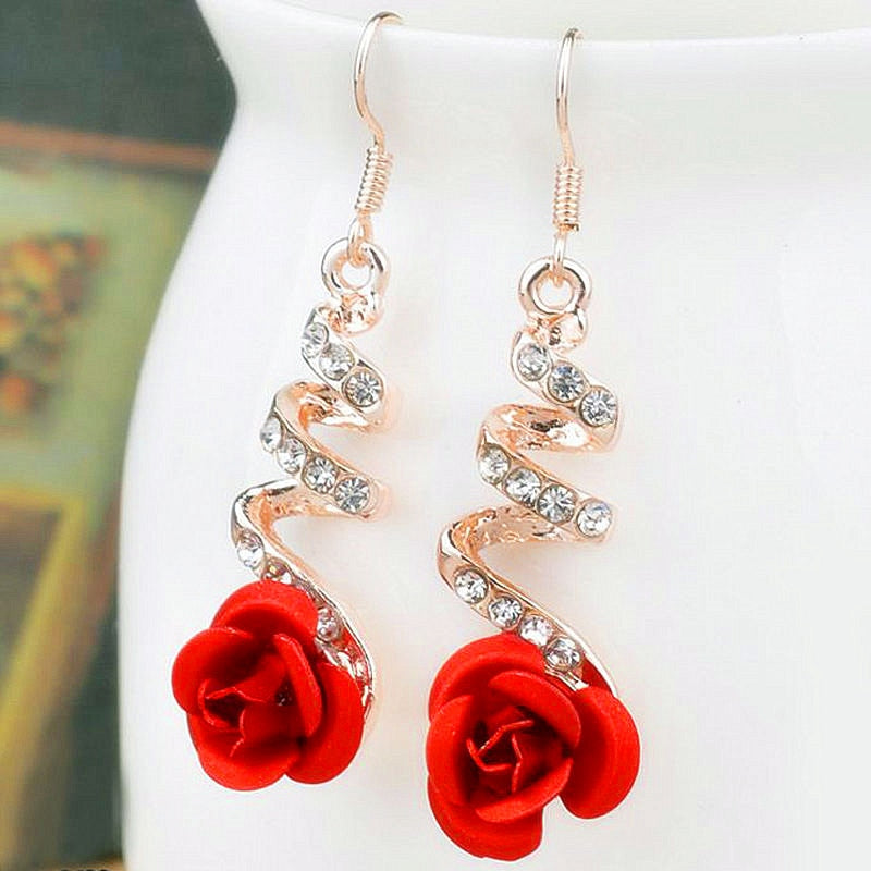 Rhinestone And Drop Gold Rose Swirl Earrings
