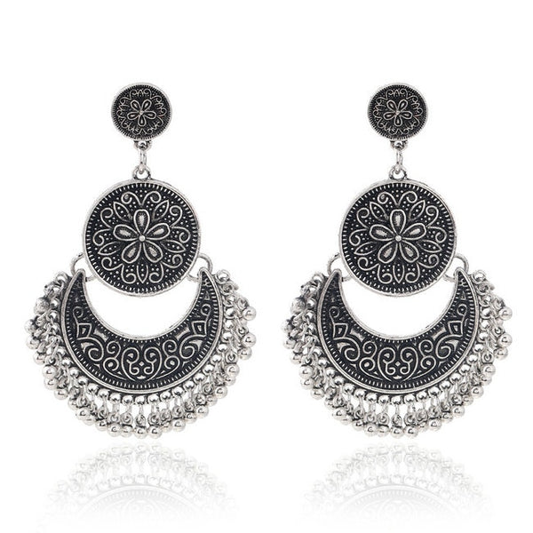 Antique Flower Coin Pendant Drop Earrings