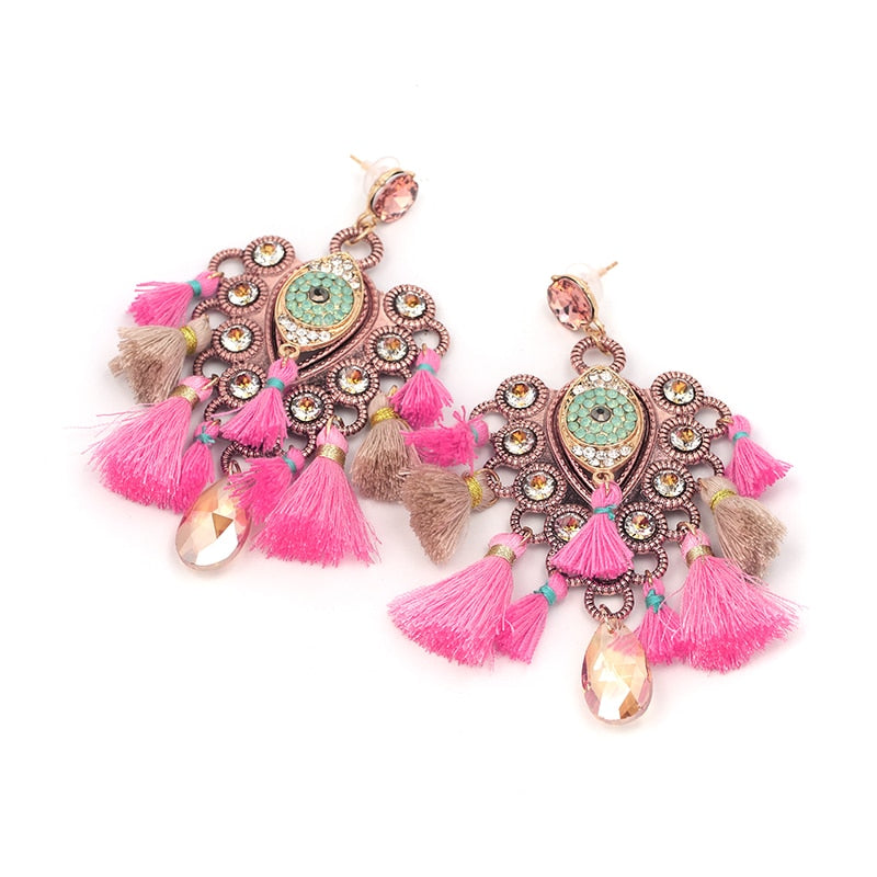 Boho Pink Fringe Fluff Gem Earrings