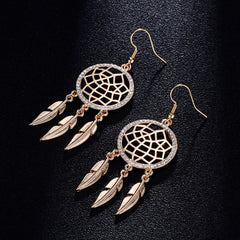 Crystal And Metal Dream Catcher And Feather Drop Earrings