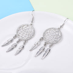 Crystal And Metal Dream Catcher And Feather Drop Earrings