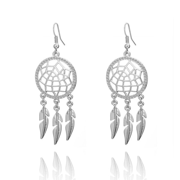 Crystal And Metal Dream Catcher And Feather Drop Earrings
