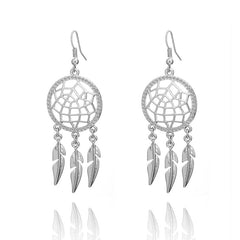 Crystal And Metal Dream Catcher And Feather Drop Earrings