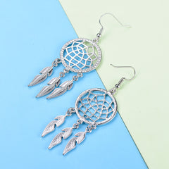 Crystal And Metal Dream Catcher And Feather Drop Earrings