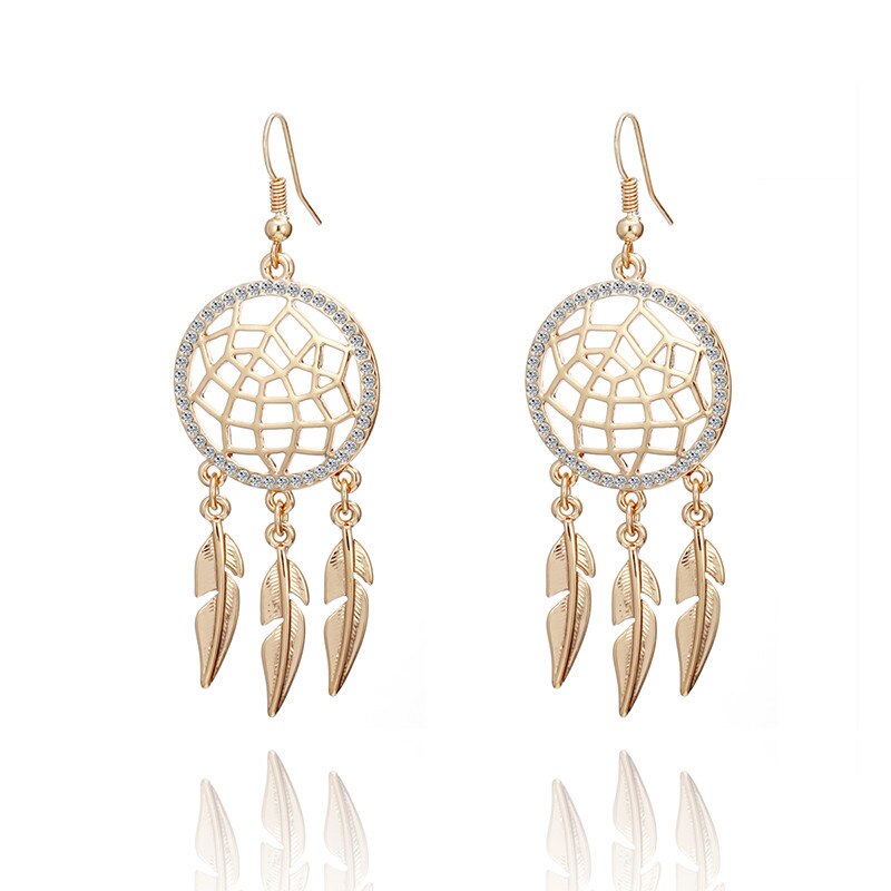Crystal And Metal Dream Catcher And Feather Drop Earrings