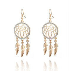 Crystal And Metal Dream Catcher And Feather Drop Earrings