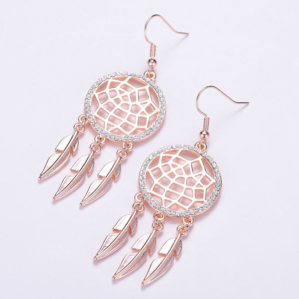 Crystal And Metal Dream Catcher And Feather Drop Earrings