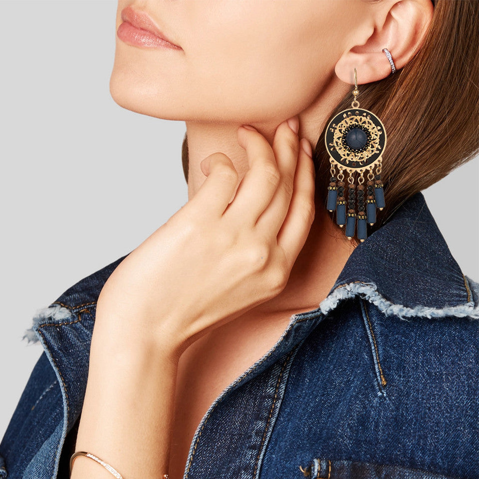 Equisite Deep Blue Beaded Dream Catcher Earrings