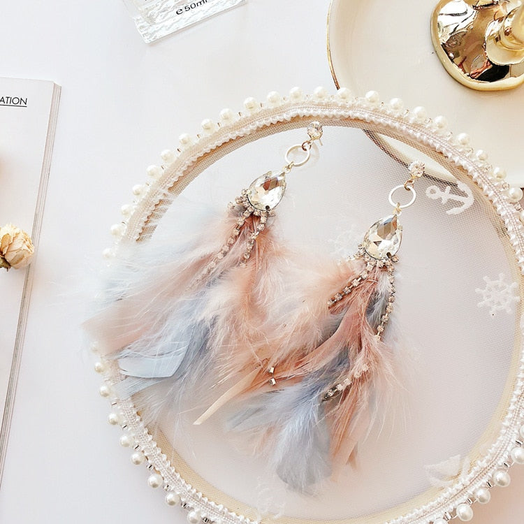 Delicate Blue and Pink Feather Crystal Charm Drop Earrings