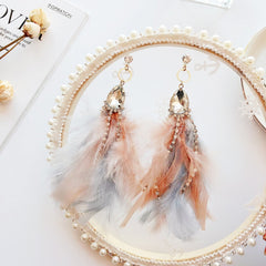 Delicate Blue and Pink Feather Crystal Charm Drop Earrings