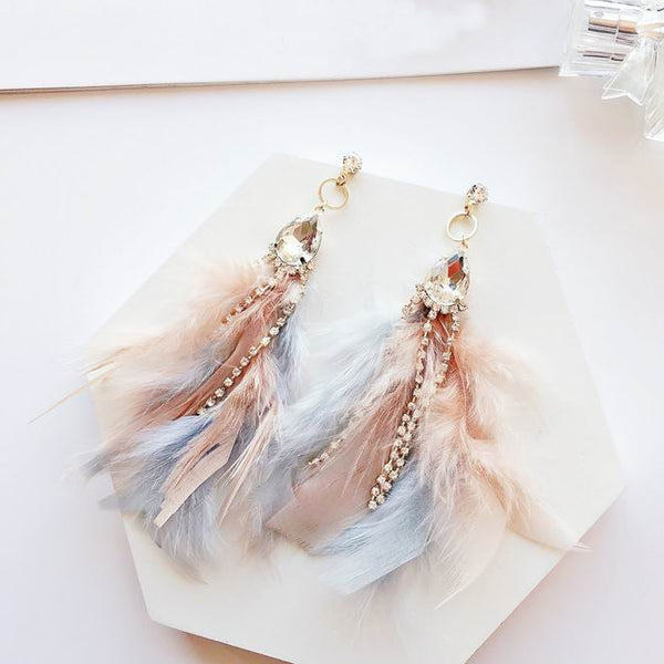 Delicate Blue and Pink Feather Crystal Charm Drop Earrings