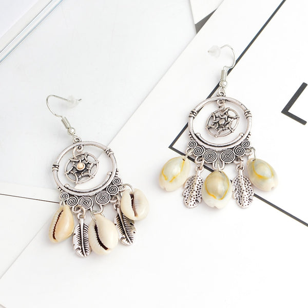 Silver Feather and Sea Shell Bohemian Drop Earrings