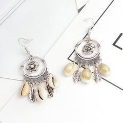 Silver Feather and Sea Shell Bohemian Drop Earrings