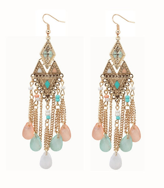 Bead And Rhinestone Indian Tassel Drop Earrings