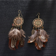 Brown Bohemian Raven Feather And Dream Catcher Earrings