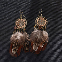 Brown Bohemian Raven Feather And Dream Catcher Earrings