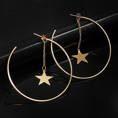 Gold Hoops With Star Tassel Pendant Earrings