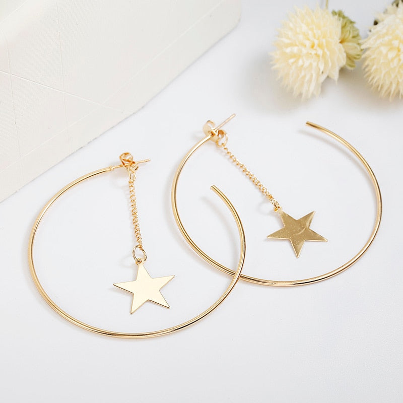 Gold Hoops With Star Tassel Pendant Earrings