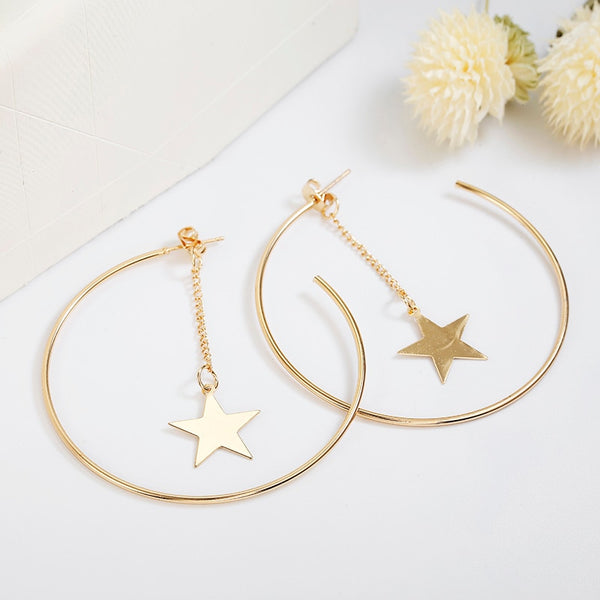 Gold Hoops With Star Tassel Pendant Earrings