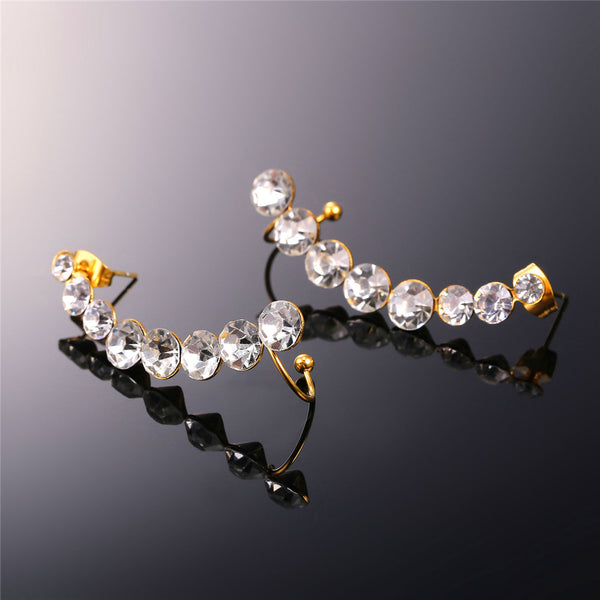 Curved Rhinestone Jacket Earring with Gold or Silver Accents