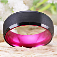 Women's 8mm Pink Inlay Brushed Black Tungsten Carbide Ring